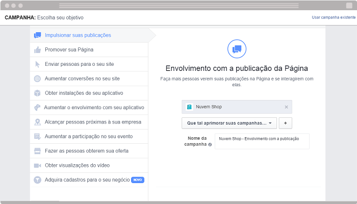 Anúncio Envolvimento com a publicação Facebook